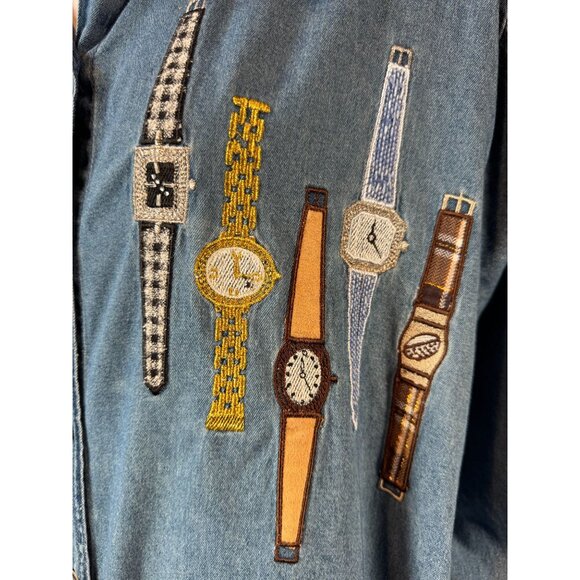 Vintage Bobbie Brooks Denim Button-Up Shirt With Embroidered Watches Plus Sz 24W - Picture 11 of 16